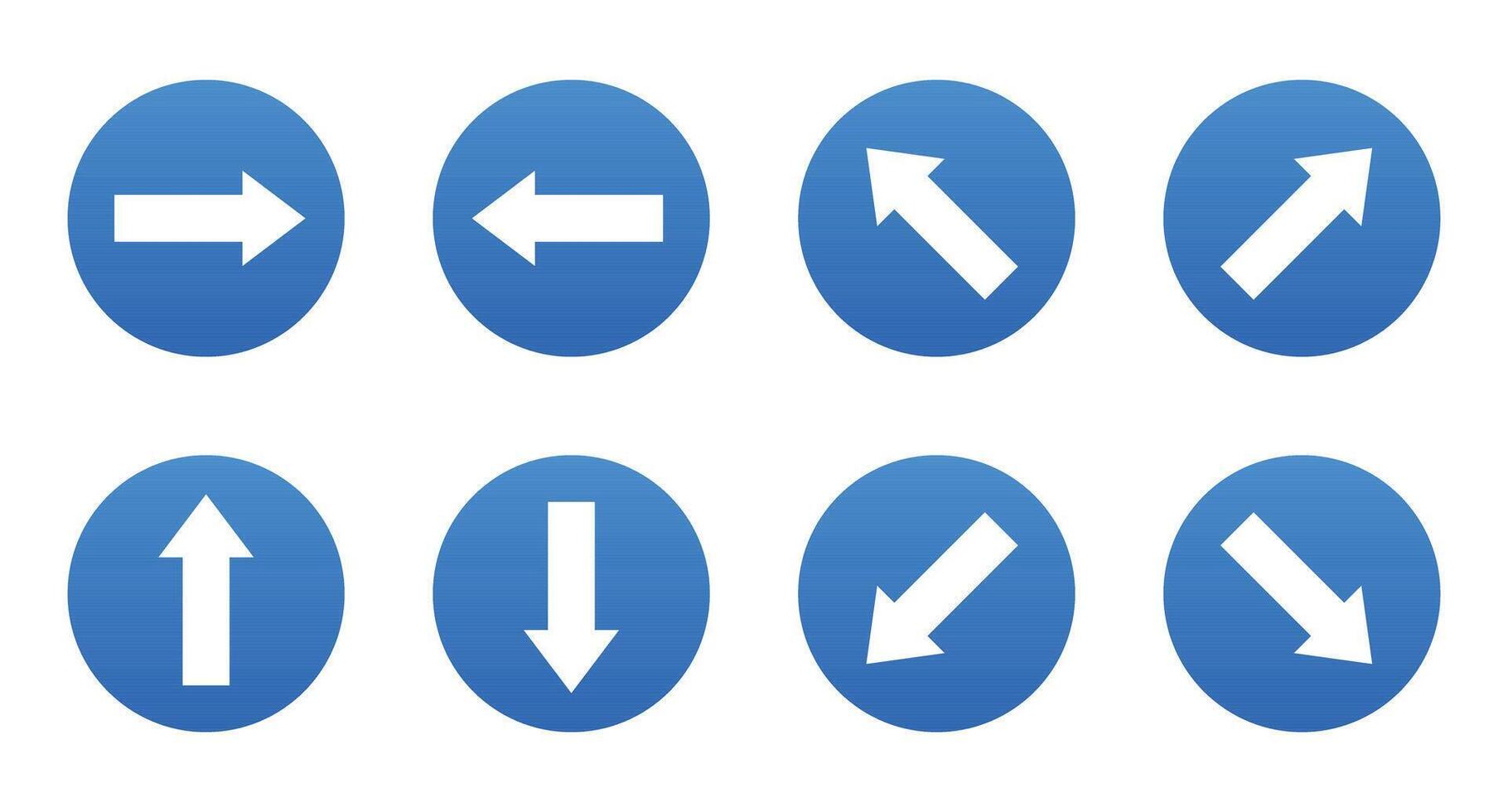 Eight blue round navigation signs with direction arrows pointing different directions including right, left, up, down, and diagonally are displayed on a white background. vector