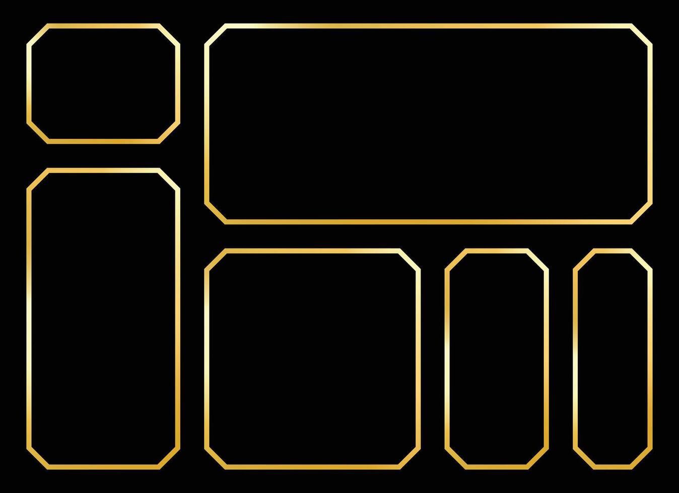 A collection of geometric frames with rounded corners, featuring gold outlines, set against a solid black background. The frames vary in size and orientation, creating a structured pattern. vector