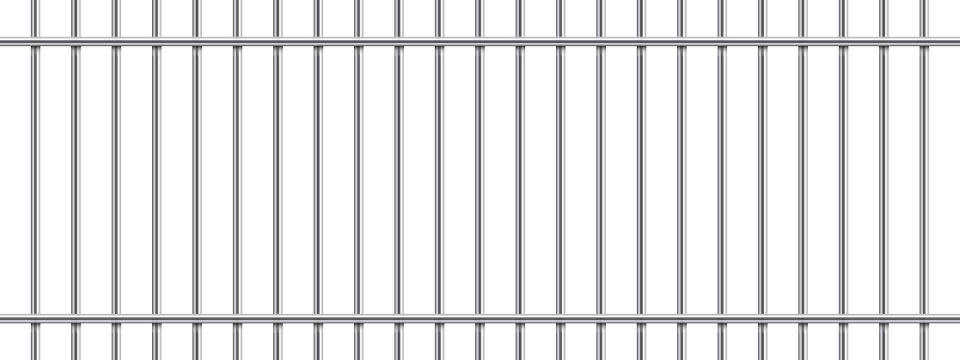 A symmetrical arrangement of vertical and horizontal parallel metal bars creates a geometric pattern. The bright, plain white background allows the silver-colored metal to stand out. vector
