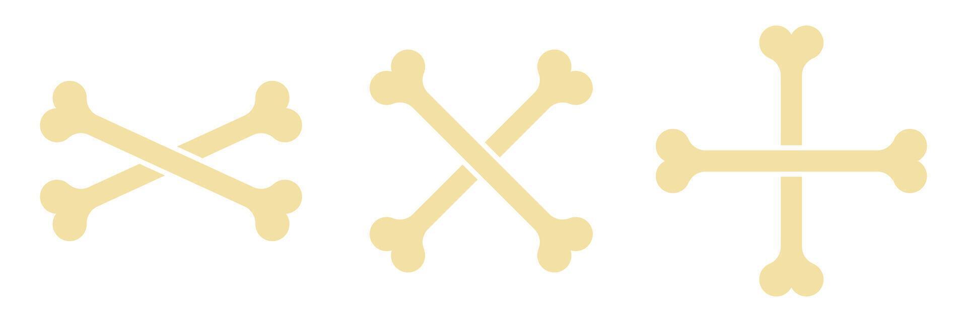 Illustration of three bone designs, two versions of crossed bones that make the letter X and a cross-shaped arrangement. All bones are light beige and on a white background. vector