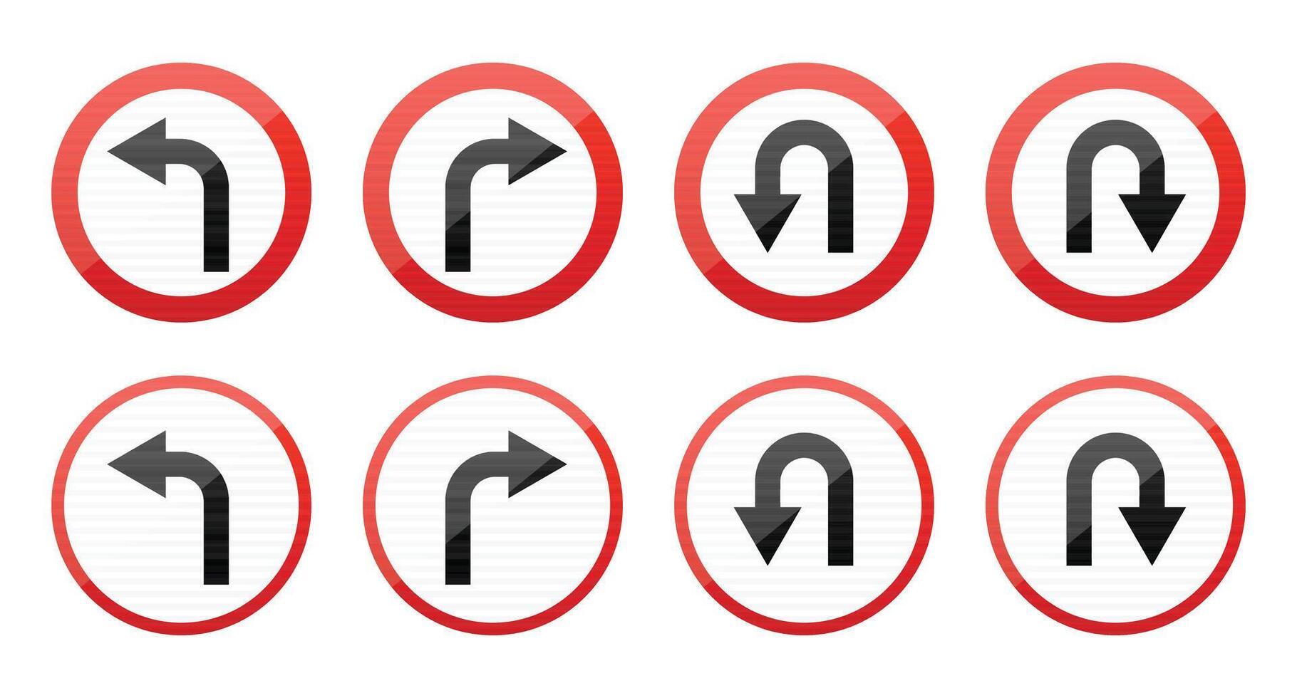 The image shows a collection of traffic signs with white backgrounds and red borders. The signs display various turn instructions including left and right turns as well as U-turns. vector
