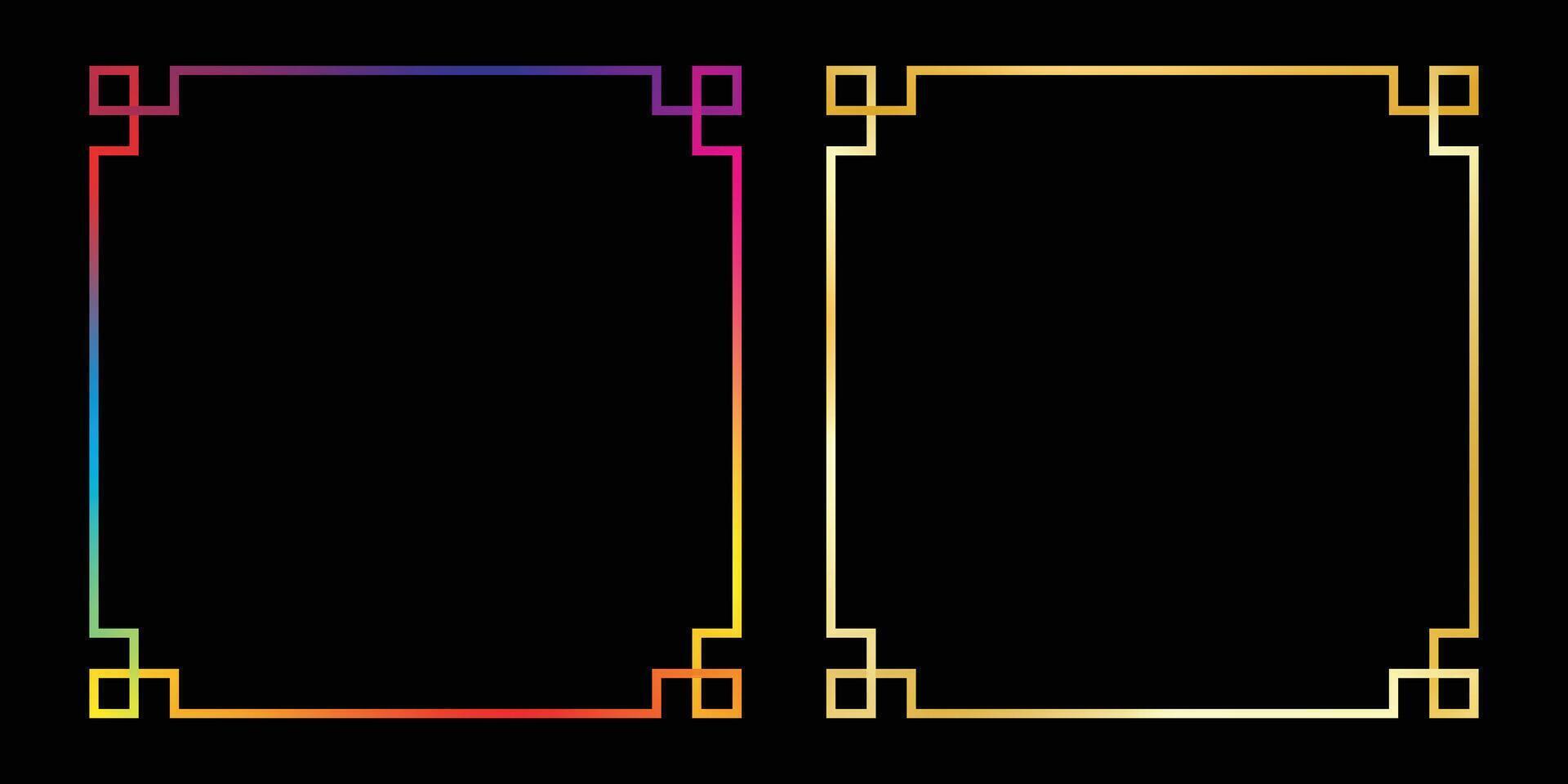 Two minimalist frames are displayed against a black backdrop. The left frame boasts a gradient color scheme, while the right frame is a solid gold color, both are graphic elements. vector