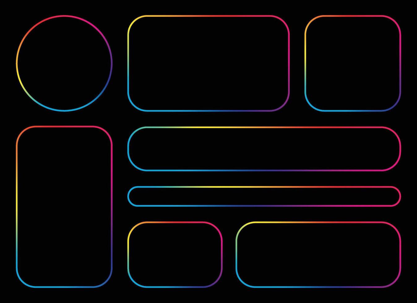 A set of rainbow-colored geometric shapes including circles, rectangles, and rounded-corner rectangles are placed on a dark black background with a minimalist style. vector
