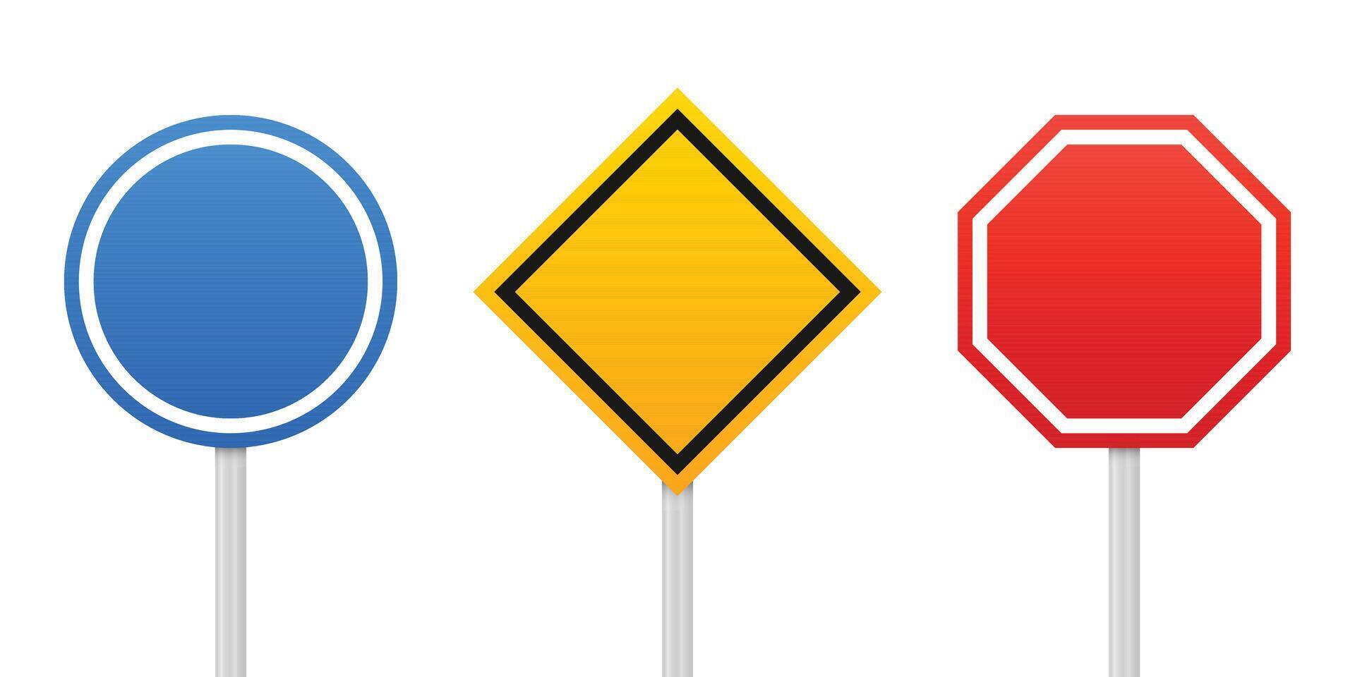 This image shows three different traffic signs, a blue circle, a yellow diamond, and a red octagon, each set against a plain white background on a post. vector