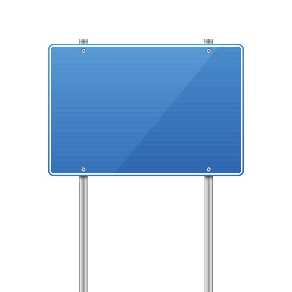 A blank, rectangular blue sign with a thin white border is supported by two metal poles. The sign is clean and shiny, reflecting light. Isolated on white. vector