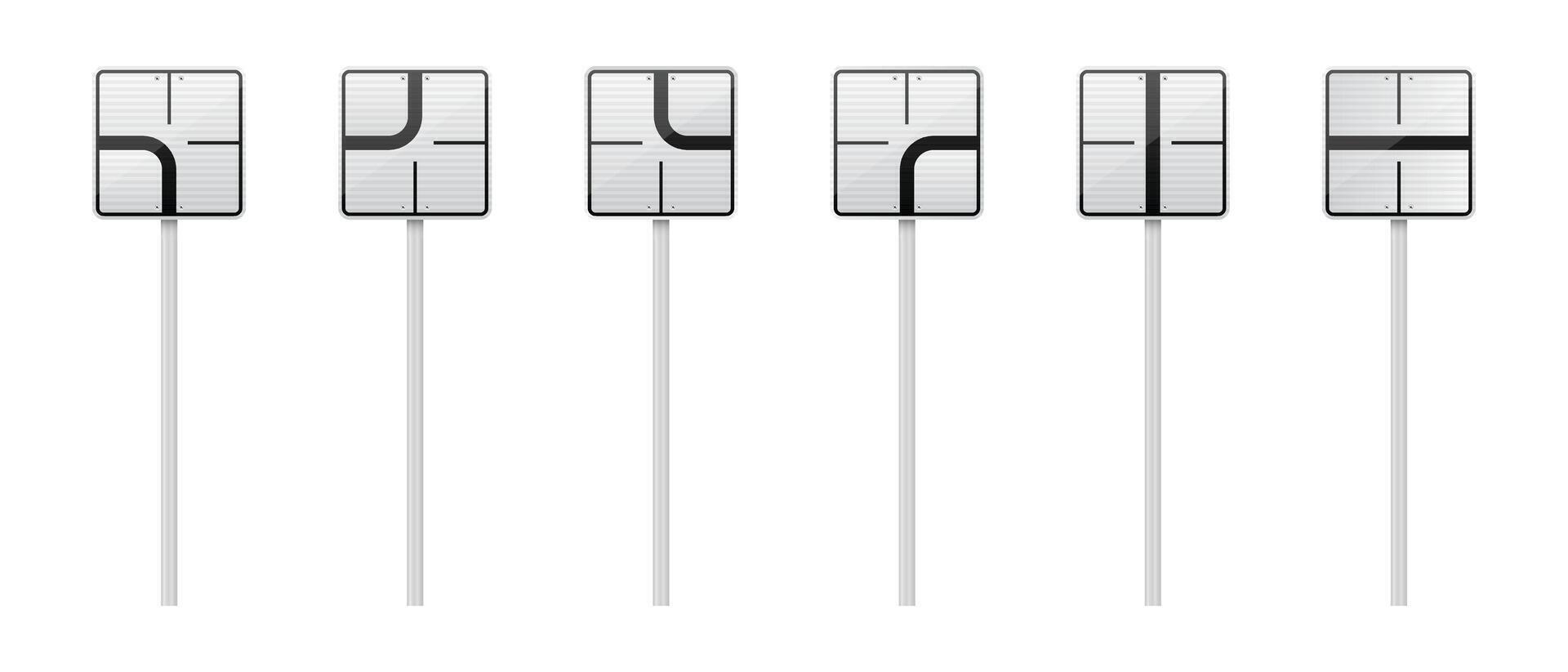 A set of six square road signs mounted on poles, each depicting a different intersection configuration with black lines on a white background, providing navigation cues. vector