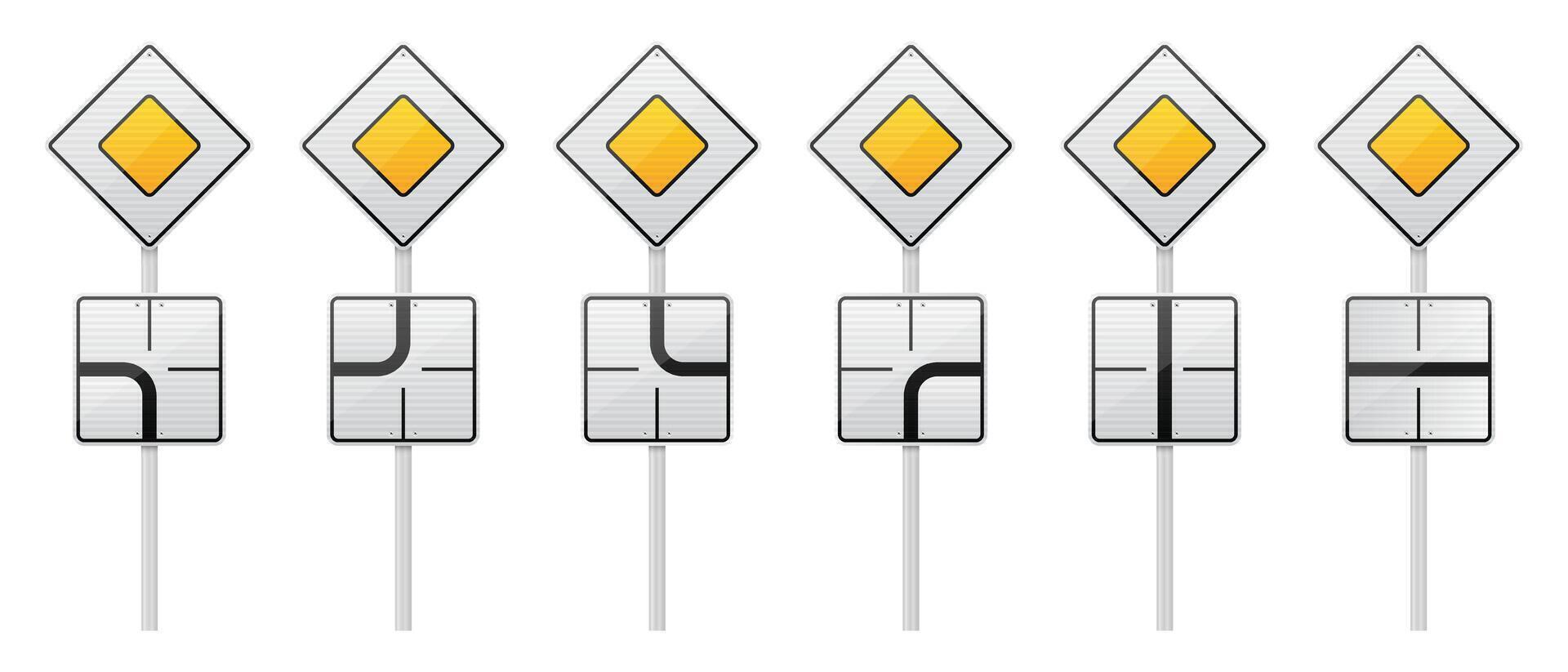 Isolated image shows six road signs indicating priority on a road. Below each sign, there is one demonstrating various intersection configurations. vector