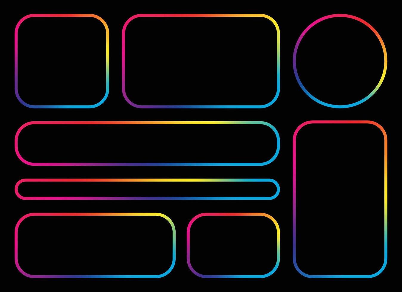 A collection of geometric shapes like squares, rectangles, and circles are brightly outlined in rainbow gradient colors against a dark black background. The shapes have rounded corners. vector