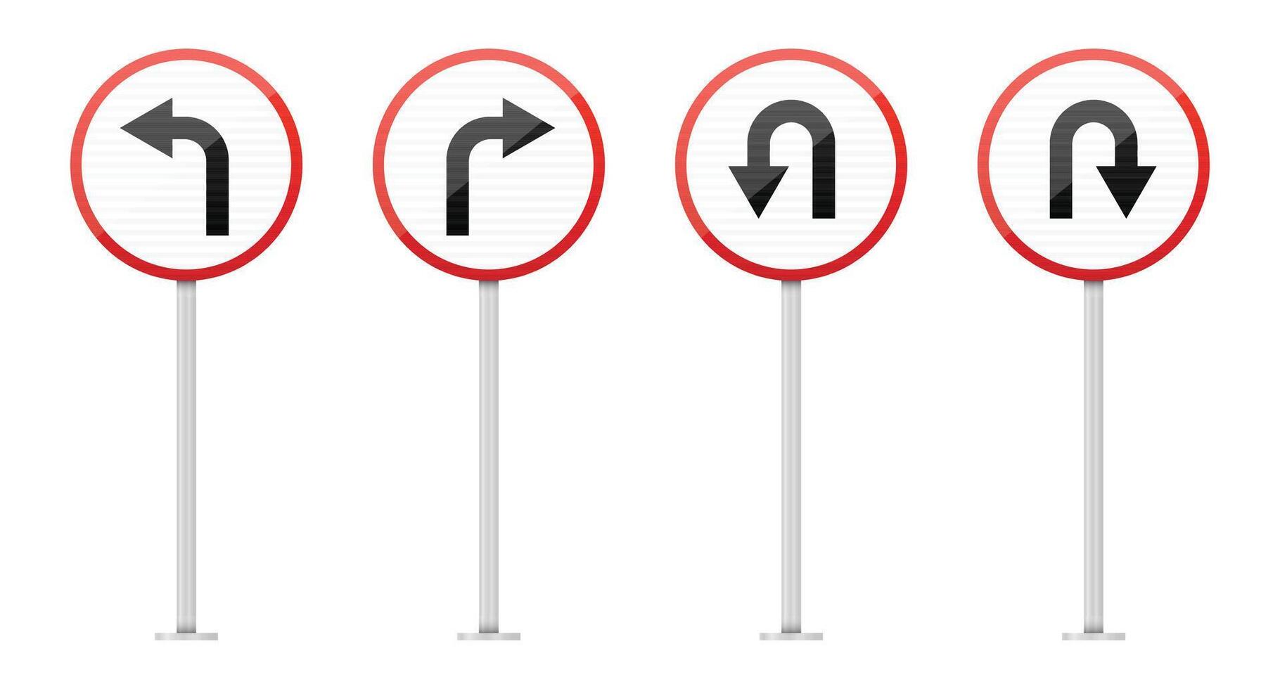A collection of four circular traffic signs with red borders and white interiors, each displaying different turn instructions, left, right and downward u-turns. vector