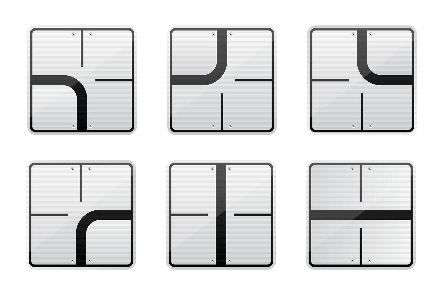 Six square road guidance signs with various black lines denoting road layouts at intersections, set against a horizontally striped background, bolted at each corner. vector