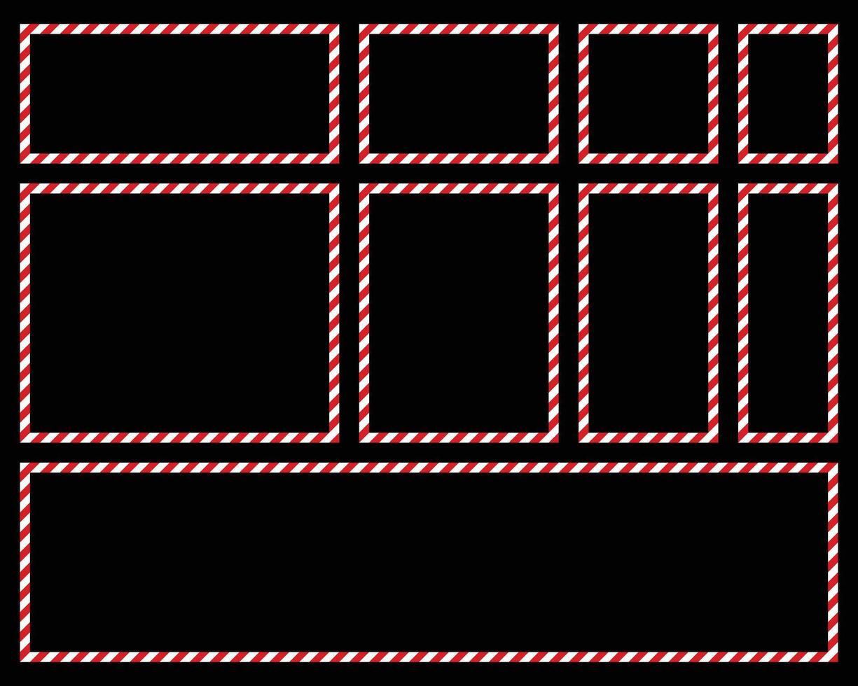 A geometric arrangement of boxes and rectangles, outlined with a festive red and white striped border, stands out against a stark black backdrop. The shapes vary in size. vector