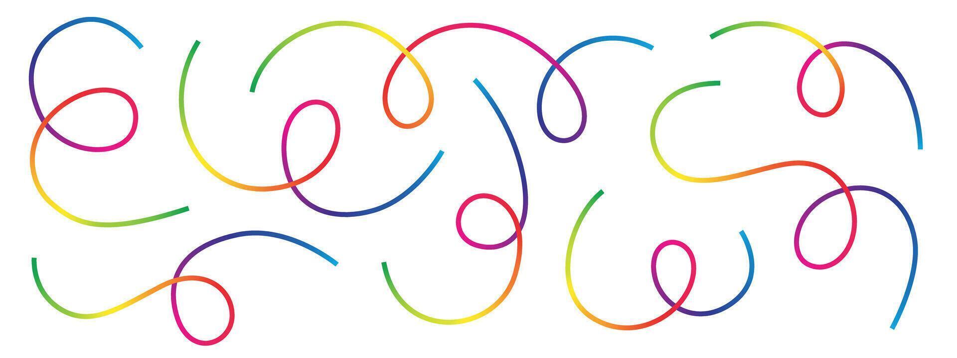 This image showcases a collection of brightly colored, swirling lines, gracefully flowing across a stark white background. The rainbow spectrum adds a whimsical touch. vector
