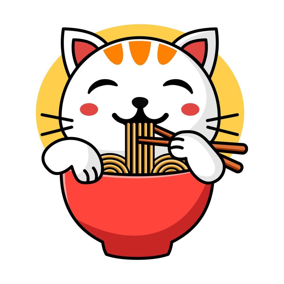 illustration or logo of cat eating noodles in bowl vector