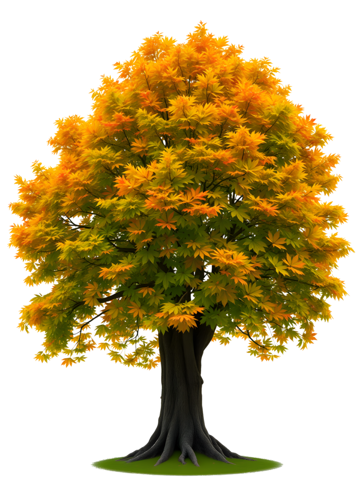 Beautiful autumn maple tree with vibrant orange and yellow leaves on transparent background png