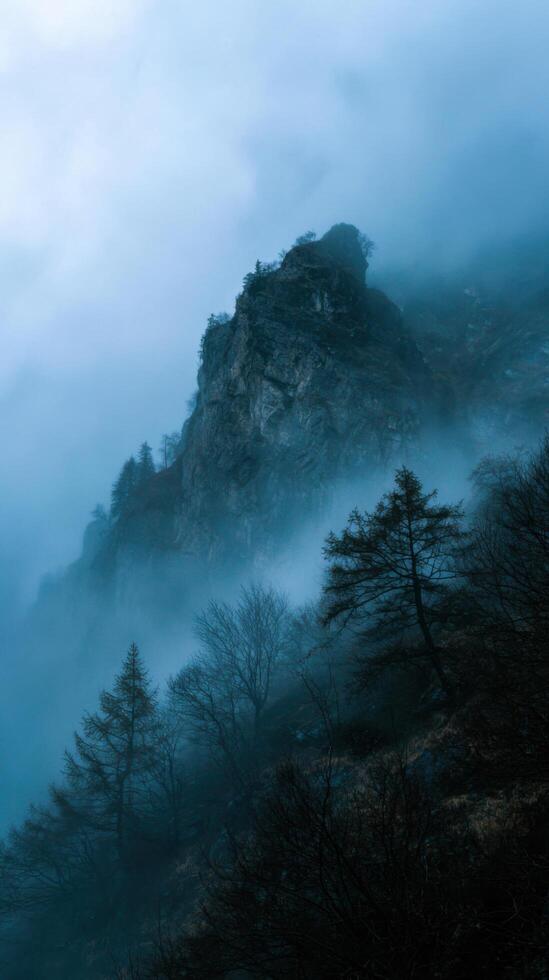 Heavy Fog Rolling Through A Mountain Pass photo
