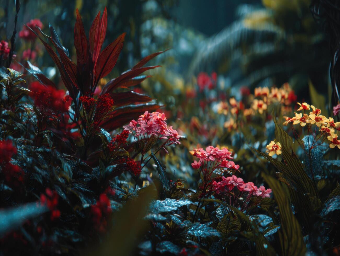 Exotic Flowers Blooming In A Dense Jungle photo