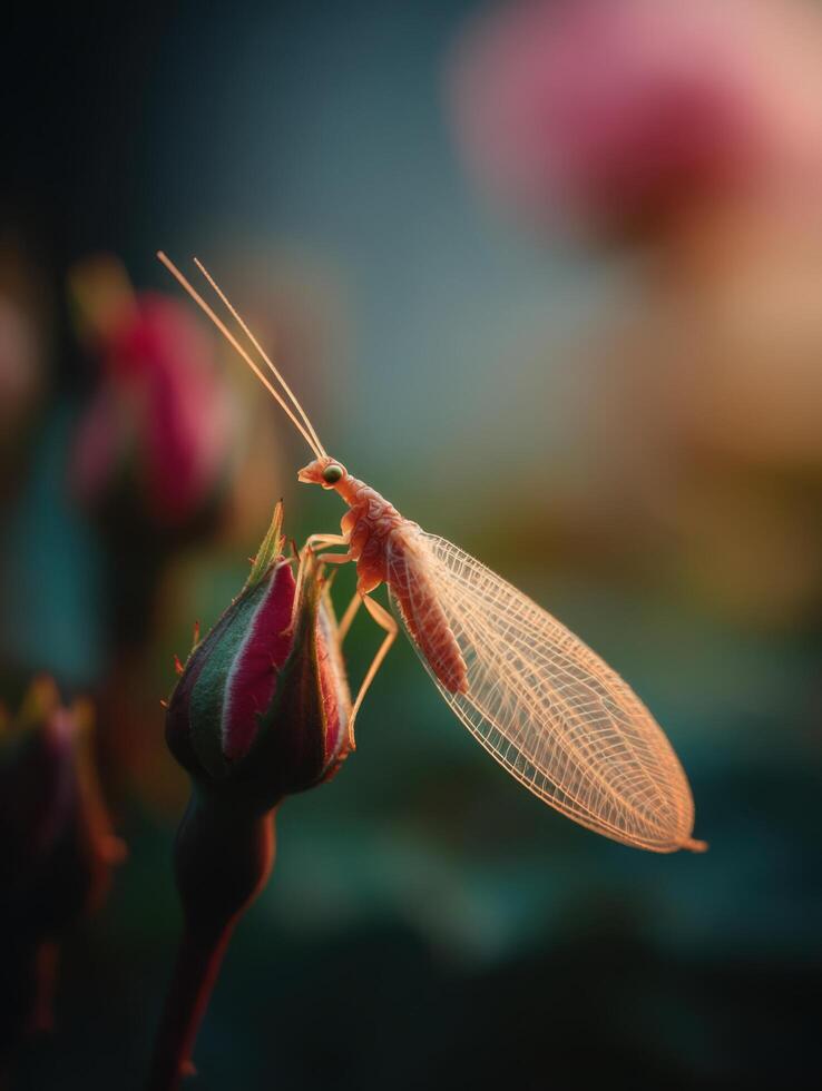 The Ethereal Visitor A Lacewing On A Rosebud photo