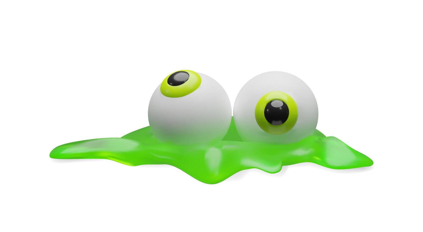 A fun and creepy 3D cartoon illustration of two eyeballs emerging from bright green slime. The Halloween eyeballs have a glossy texture with neon green irises, giving the image a playful spooky vibe. vector