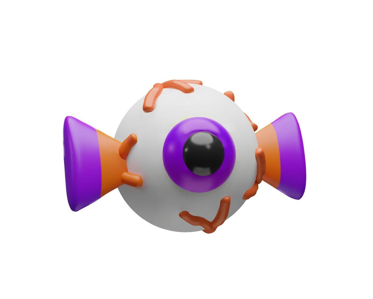 3D illustration of a Halloween eyeball candy wrapped in purple and orange twisted ends. Spooky cartoon style sweet treat, for Halloween party designs, packaging, posters, and festive decorations. vector