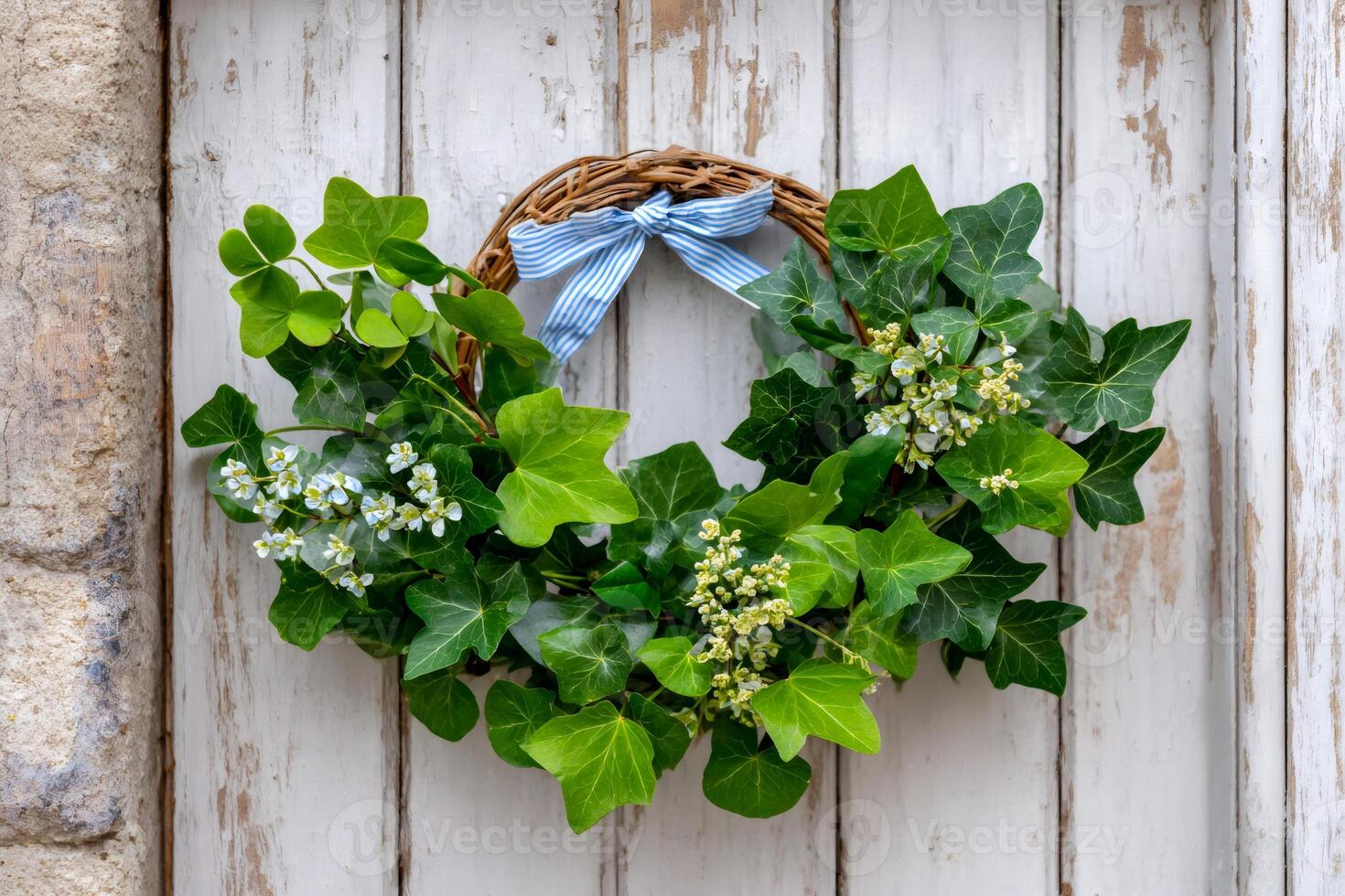 Decorative green ivy and flower wreath hanging on white wooden door photo
