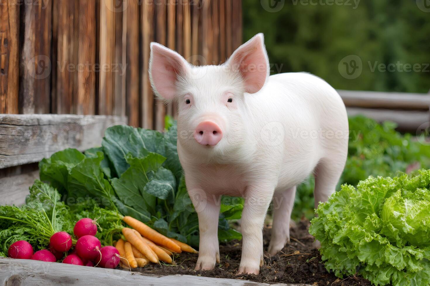 Pig standing in vegetable garden near wooden fence photo