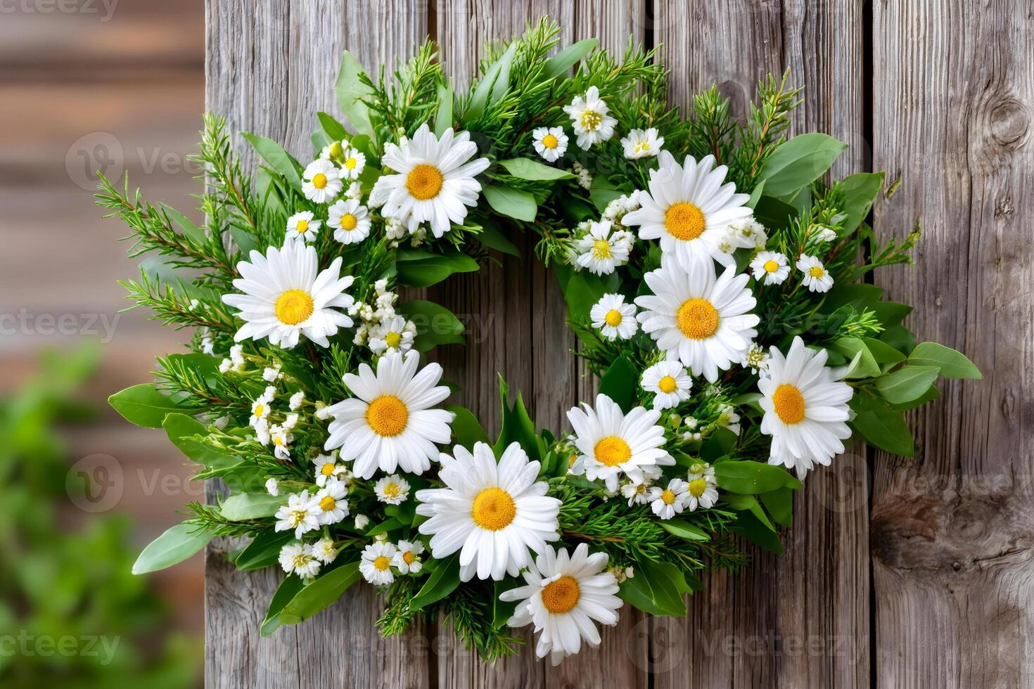 Beautiful daisy wreath hanging on rustic wooden door photo