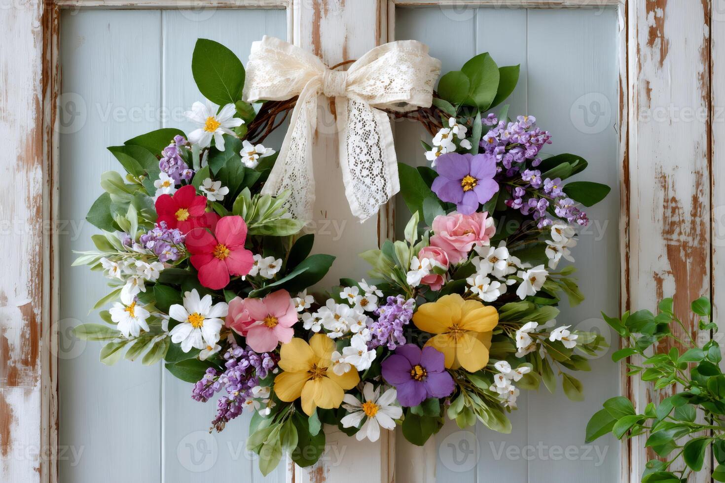 Colorful flower wreath hanging on vintage wooden door photo