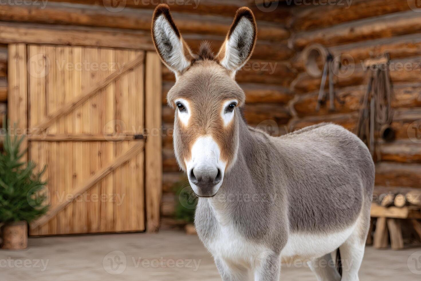 Donkey standing in front of wooden stable door in a farm photo