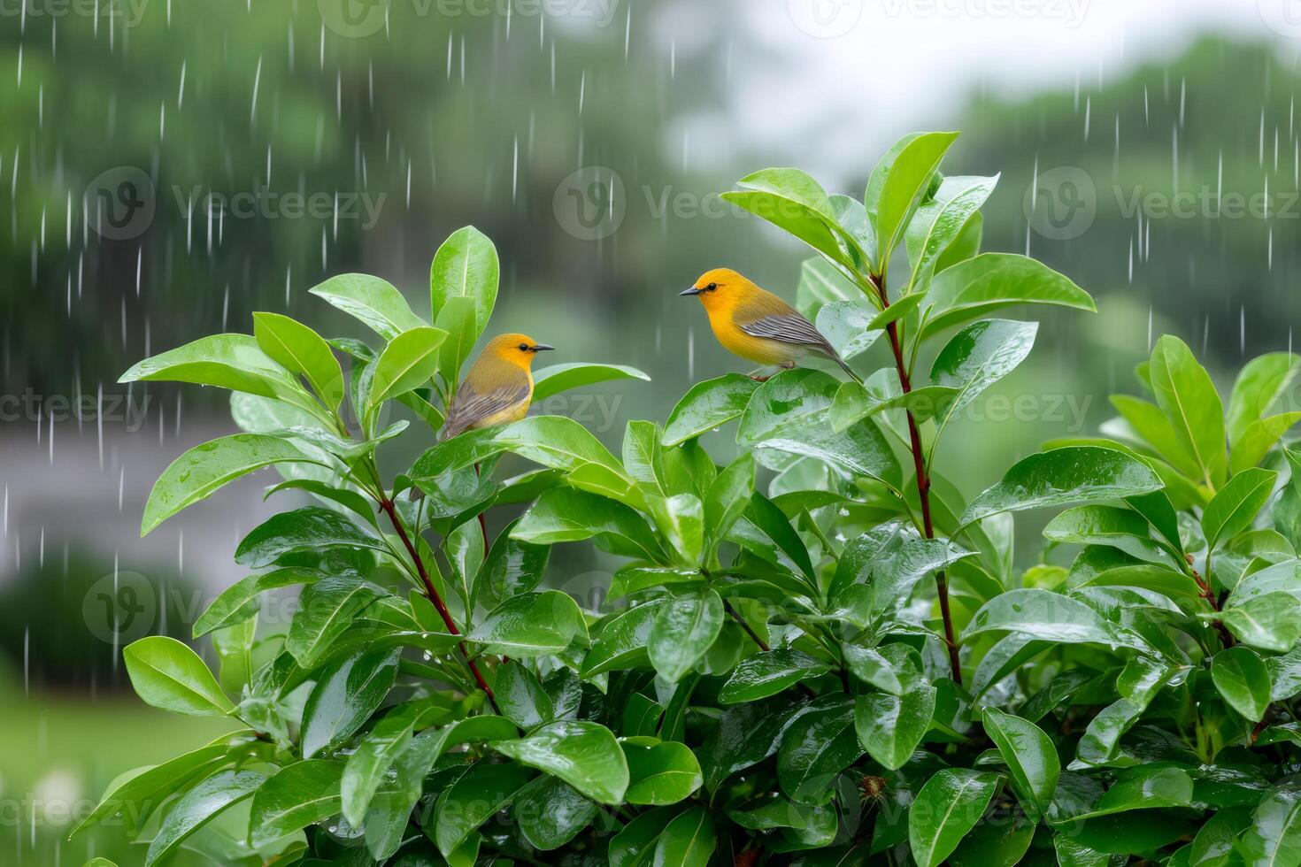 Prothonotary warblers enjoying the rain on green leaves photo