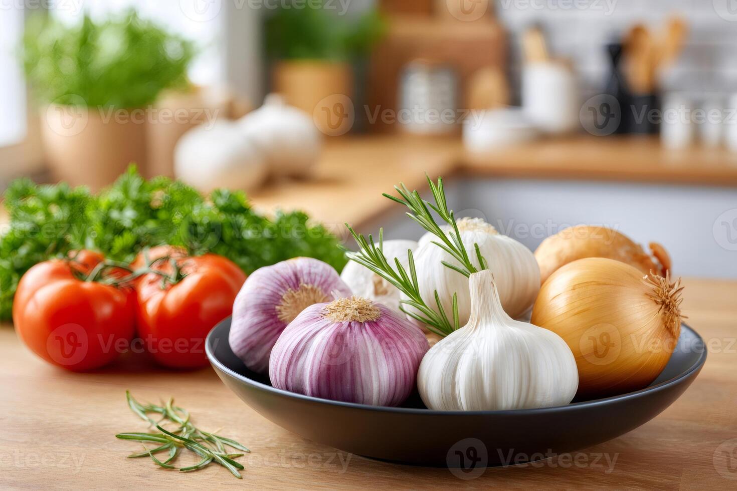 Fresh garlic, onion and rosemary in a bowl, creating a fragrant centerpiece for a healthy meal photo