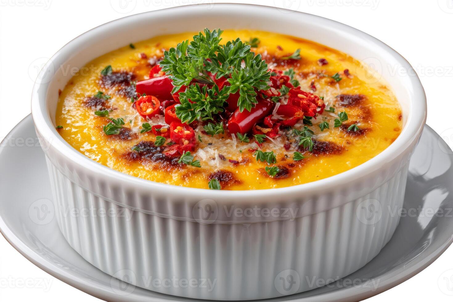 Delicious pumpkin flan with parmesan, parsley and chilli pepper in a white ceramic bowl photo