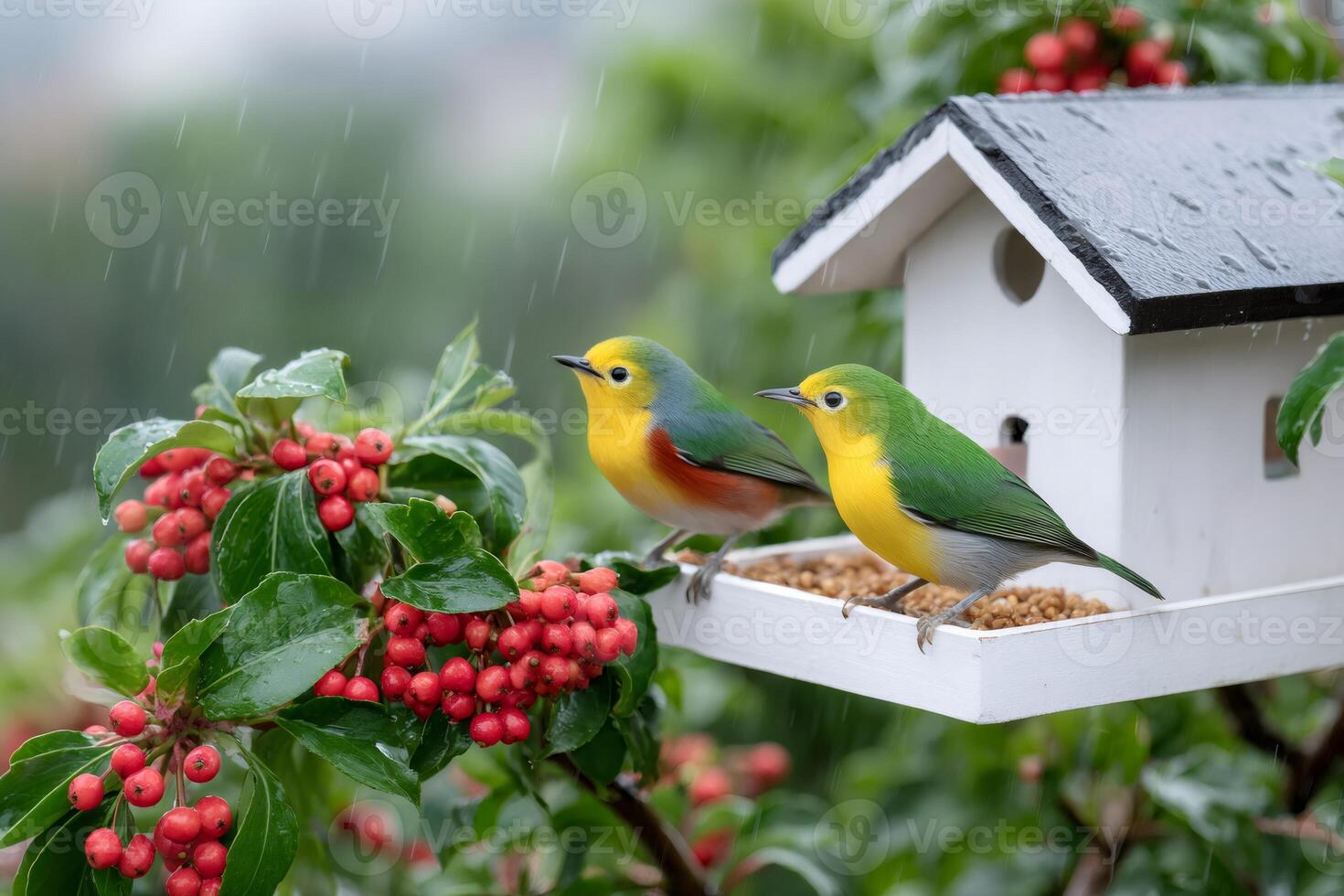 Colorful birds perched on birdhouse in rain photo