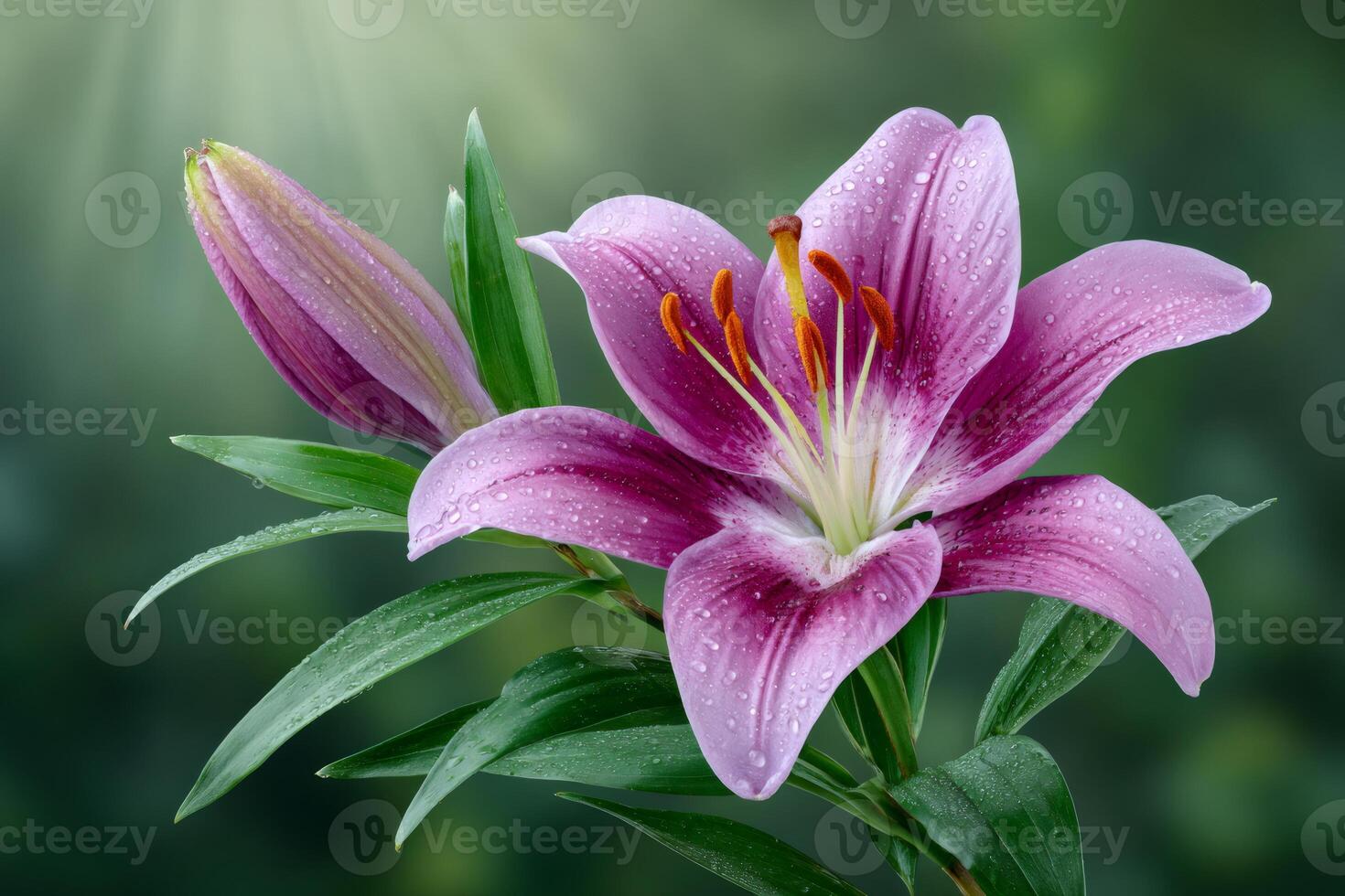Purple lily flower with water drops blooming in a garden photo