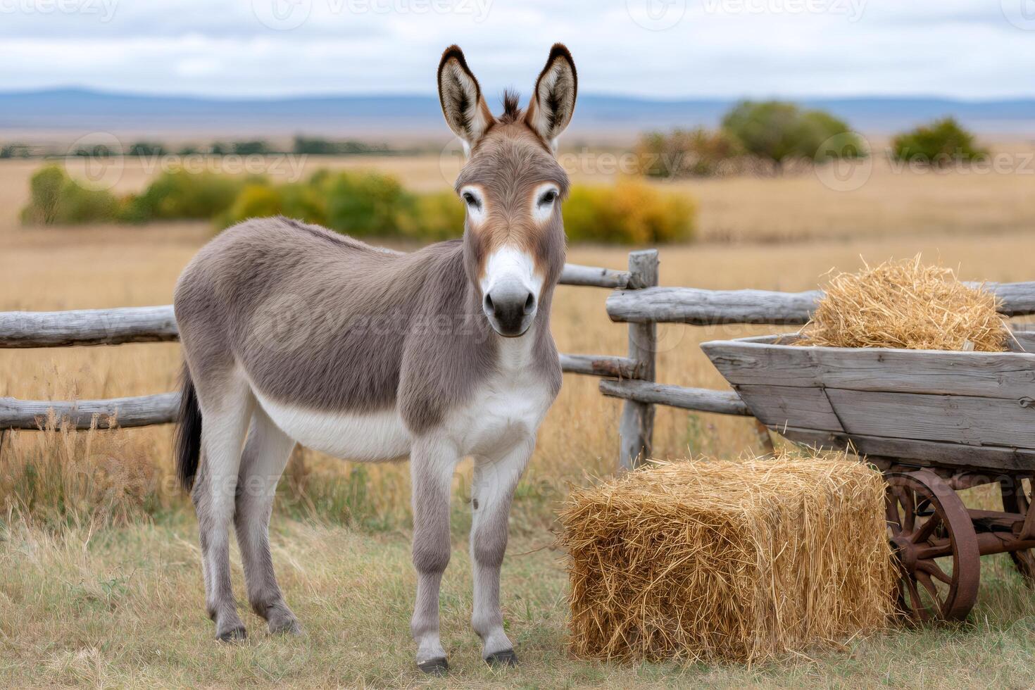 Donkey standing near hay bales and an old wooden cart in a farm photo