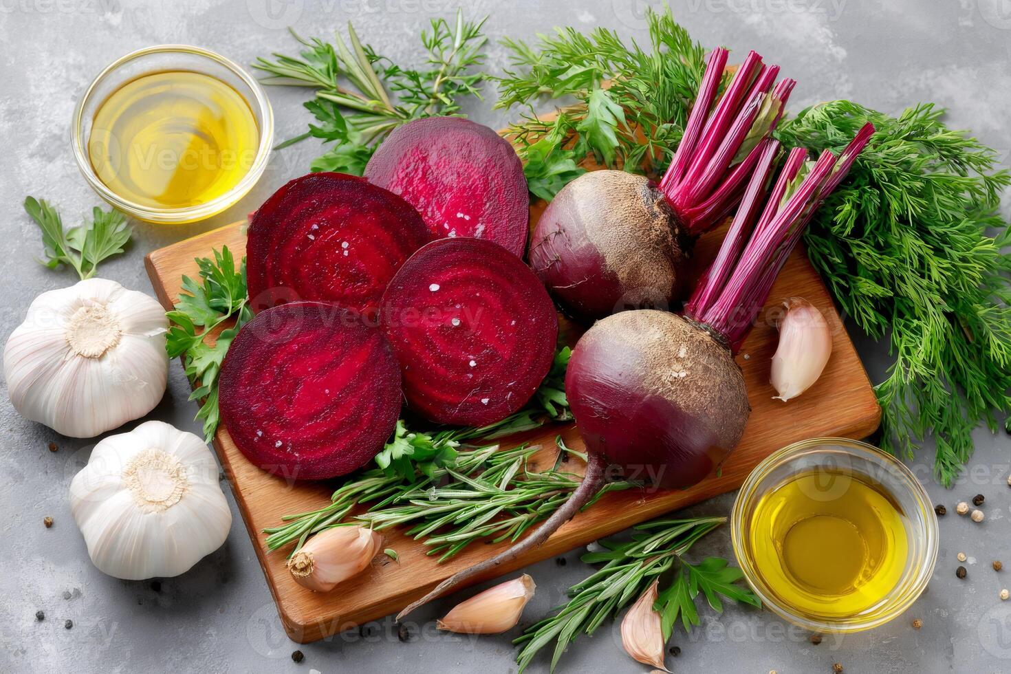 Fresh Ingredients Displayed on Wooden Cutting Board photo