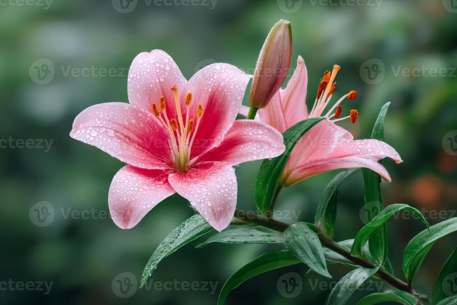 Pink lily flowers are growing with water drops after rain in the garden photo
