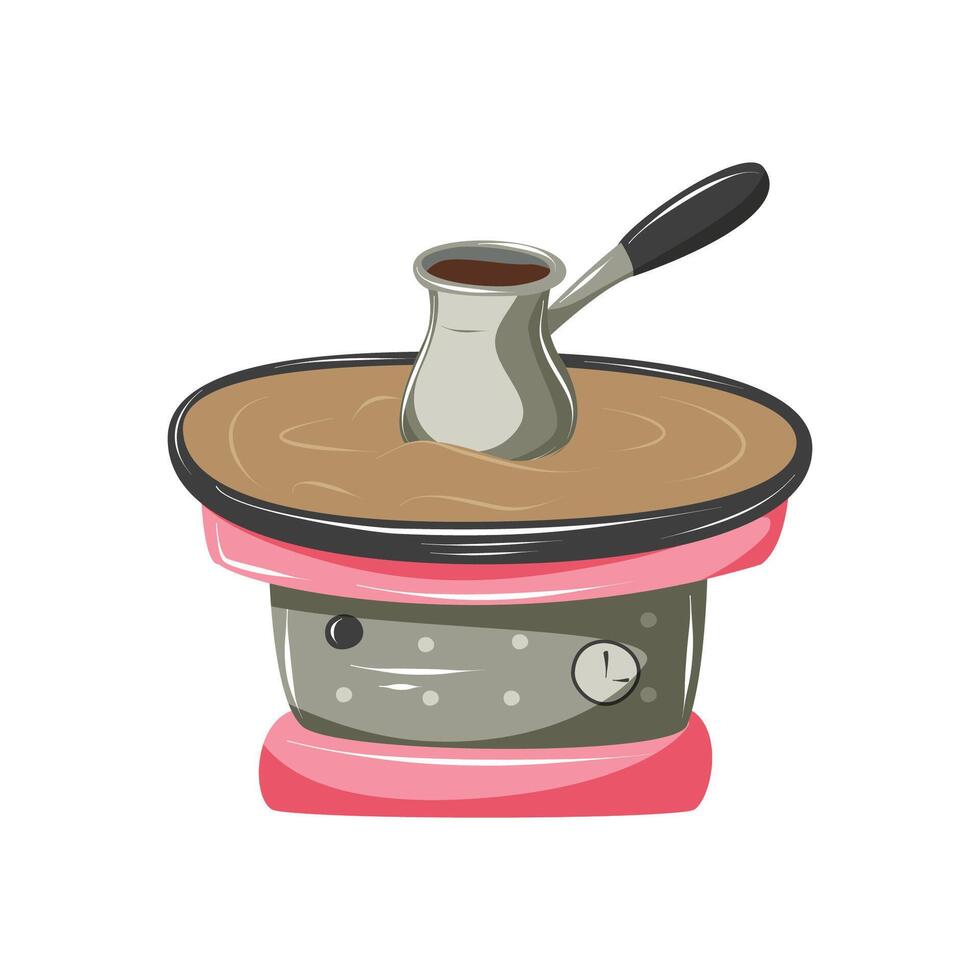 Turkish coffee on sand in a cezve. Turkish coffee making traditions. Coffee equipment. isolated. vector