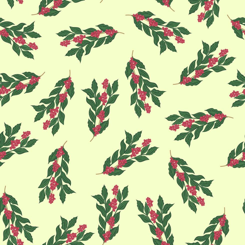 Coffee plant seamless pattern with red berries and green leaves. Floral and botanical design for wallpaper, fabric, textile and packaging. vector