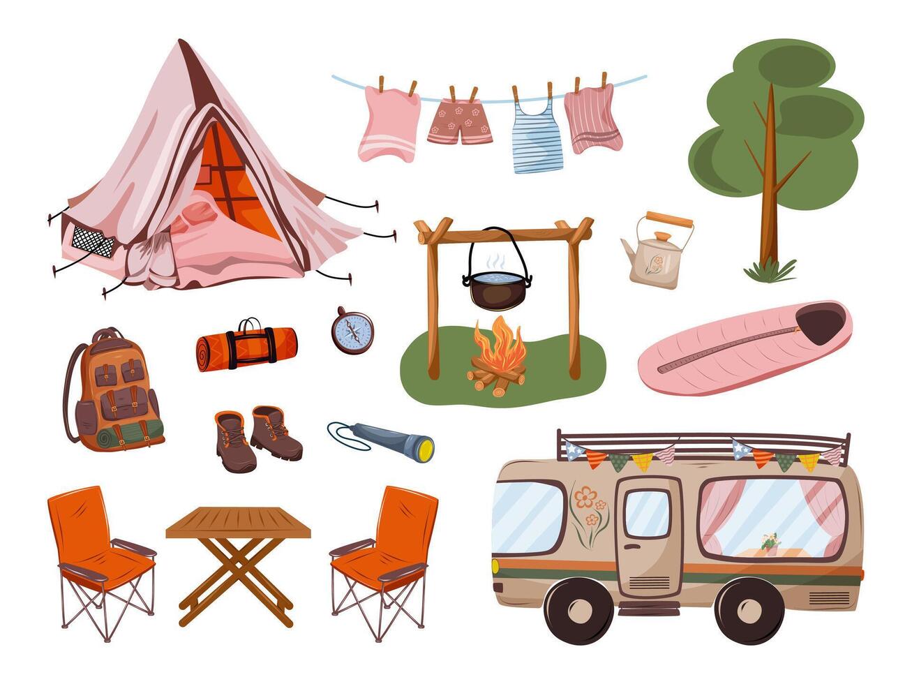 Camping gear including tents and backpacks vector
