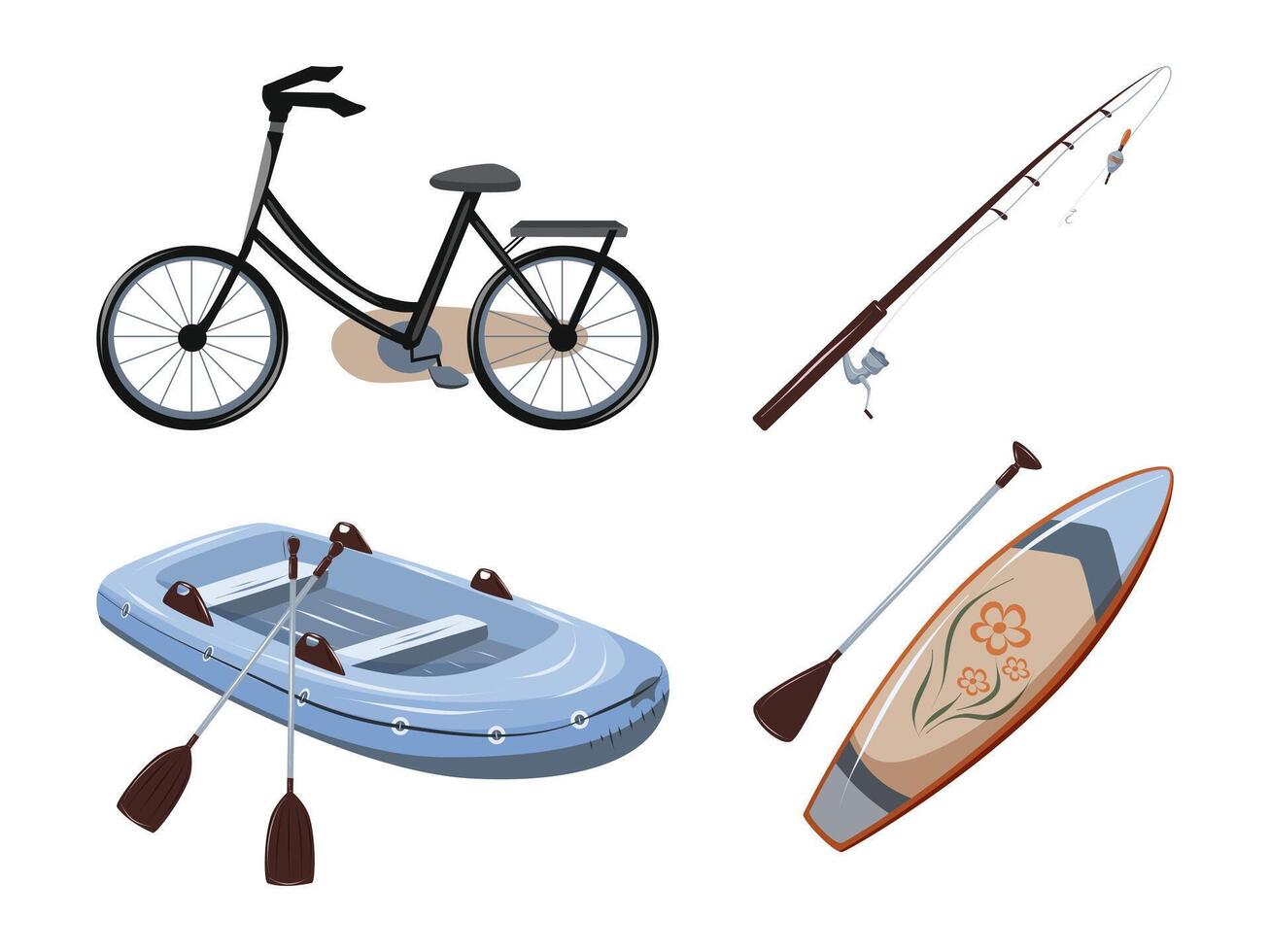 Bike, fishing rod, kayak, and paddleboard vector