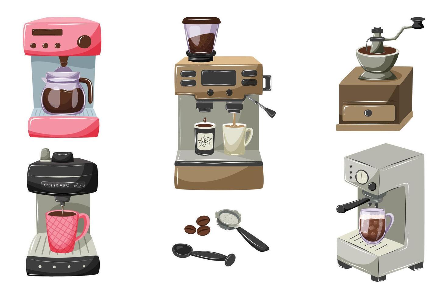 Collection of coffee machines and grinders vector