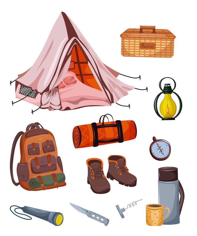 Camping gear including tents and backpacks vector