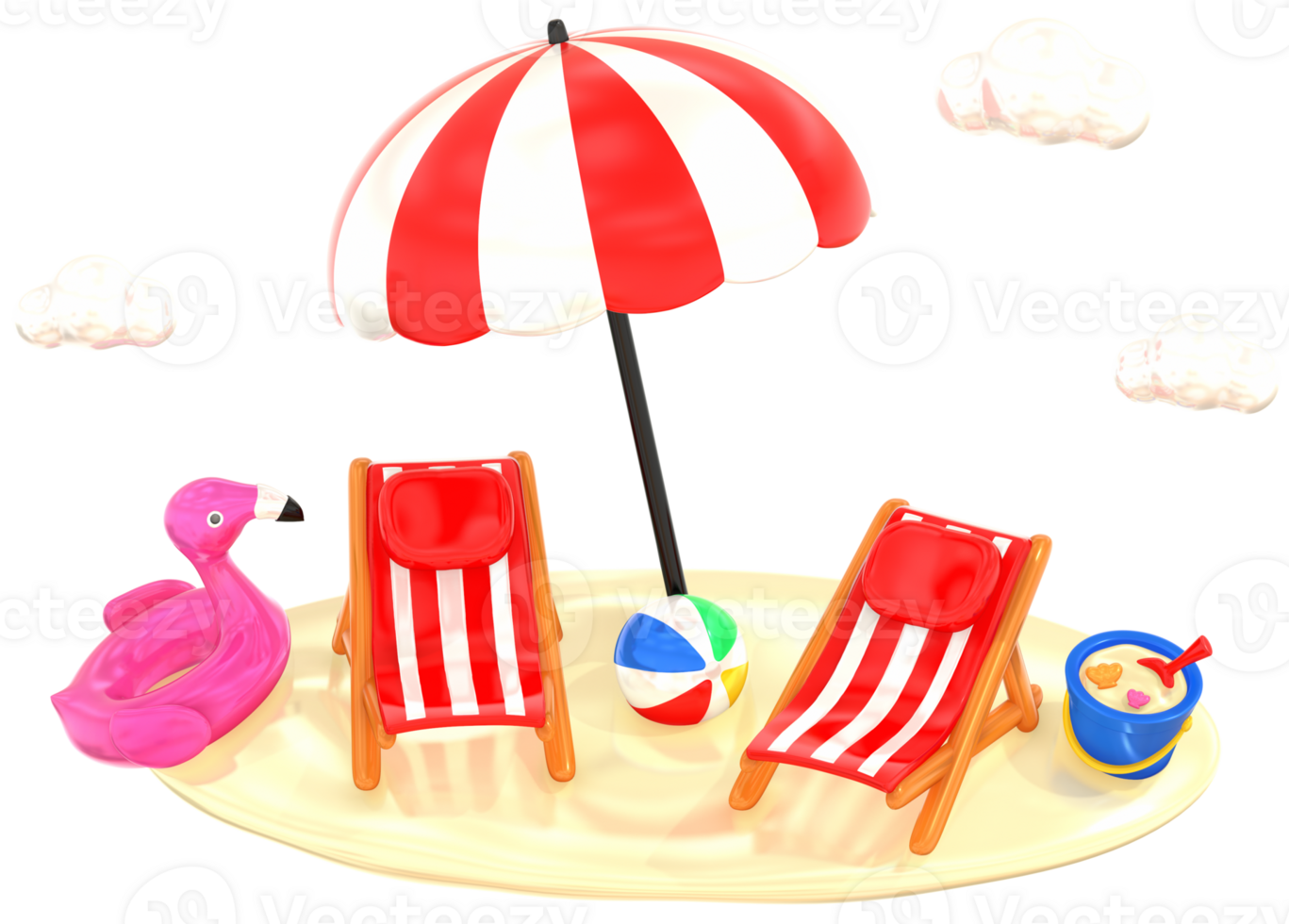 Beach chairs scene 3D summer illustration with colorful png