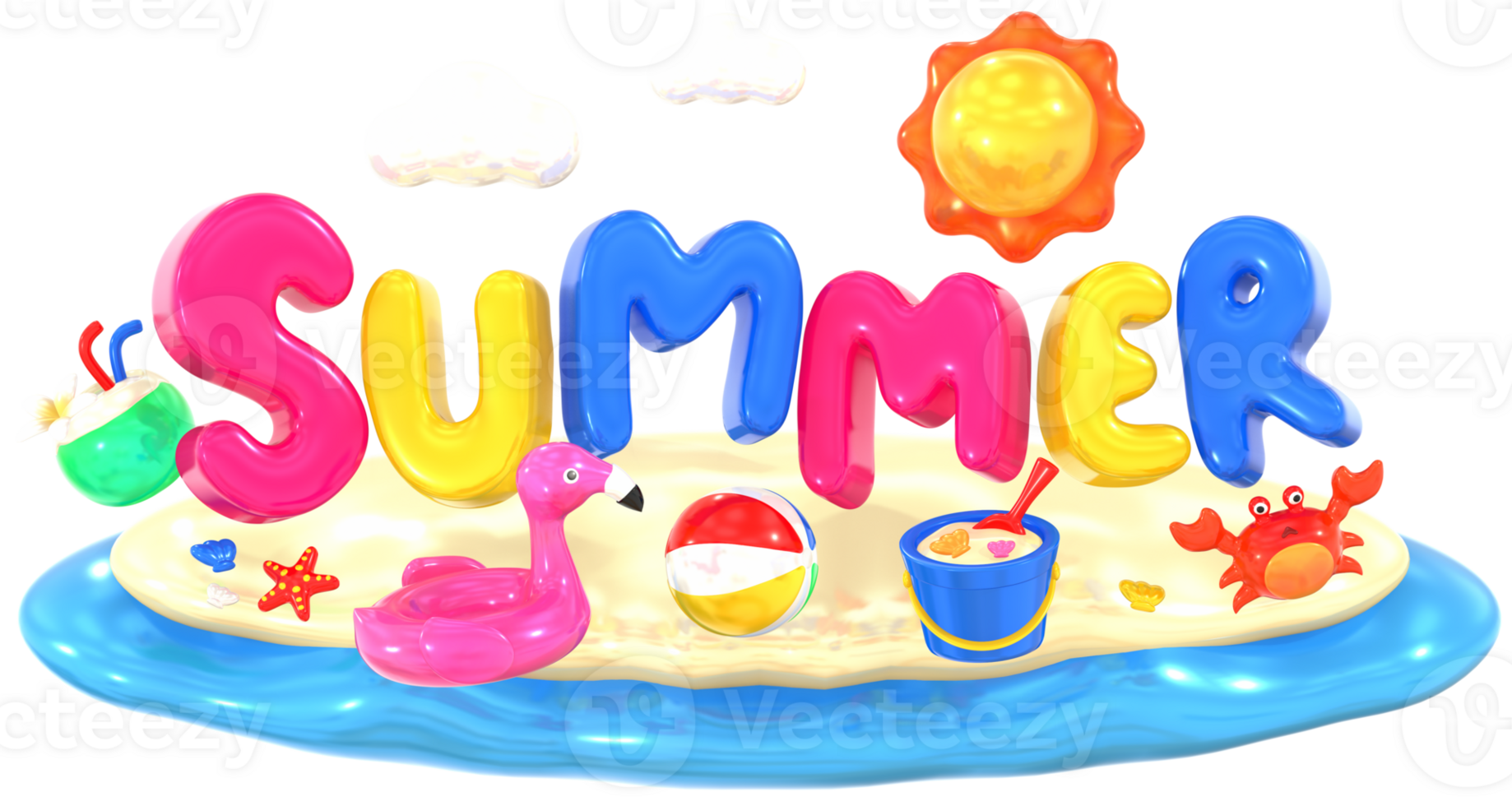 Summer word scene and ocjects 3D summer illustration with colorful png