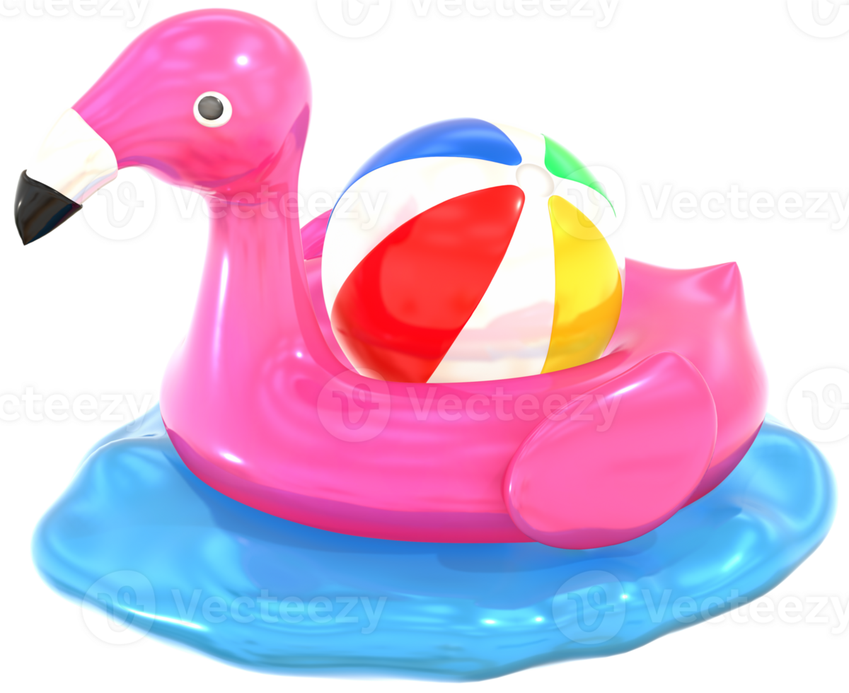 Flamingo swim ring on water 3D summer illustration with colorful png