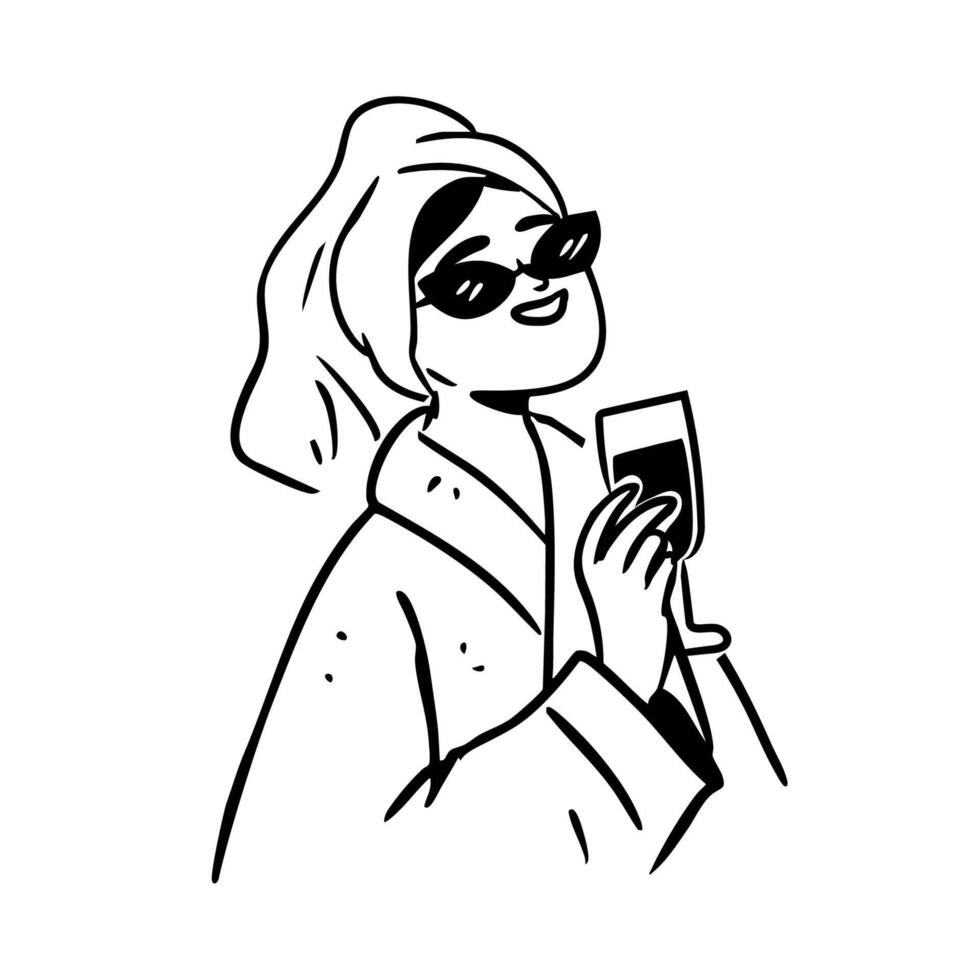 Bachelorette with a drink clipart, girls night party hand drawn outline illustration, woman in spa doodle vector