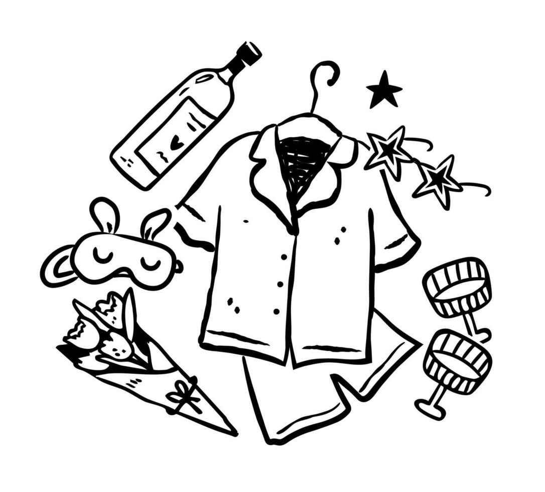 Cute sleepover party doodle clipart isolated, girls night line art vector