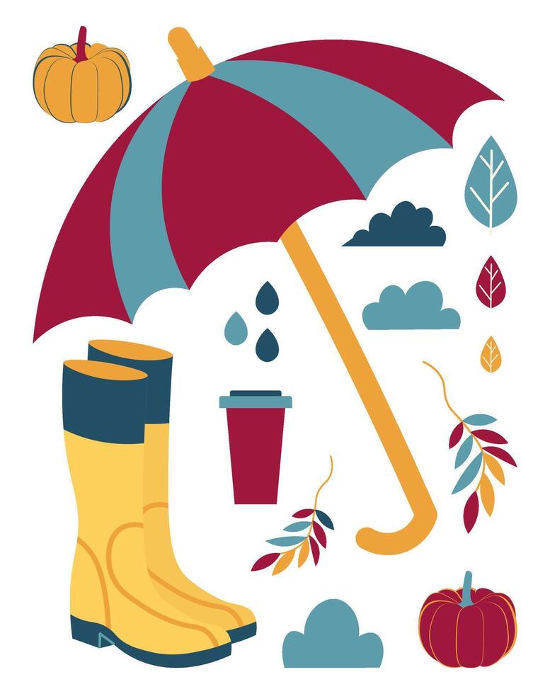 autumn stickers on isolated background, . illustration rubber boots, umbrellas and pumpkins. vector
