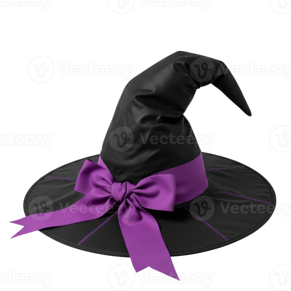 Black witch hat with purple ribbon and bow png