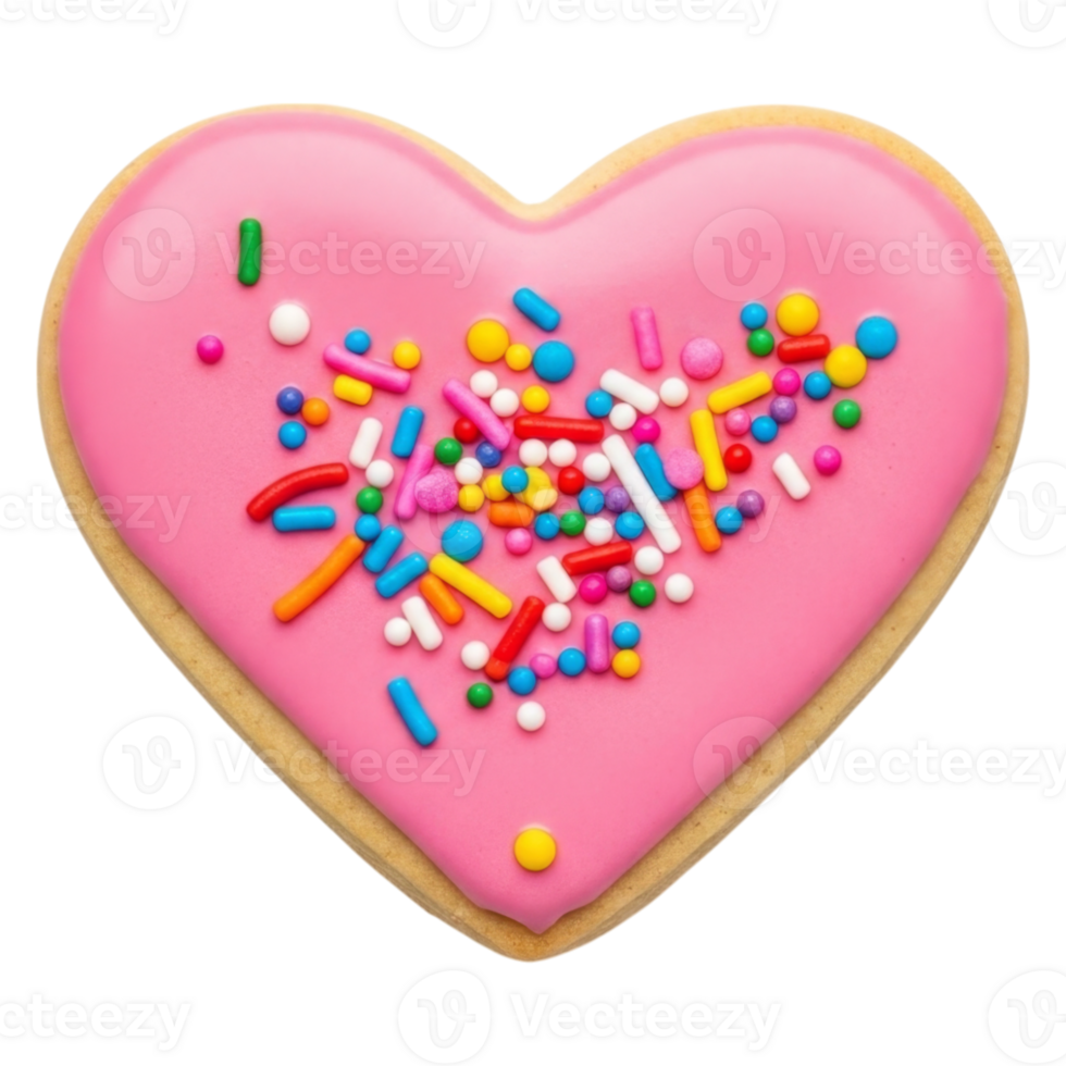 Heart-shaped sugar cookie with pink icing and colorful sprinkles png